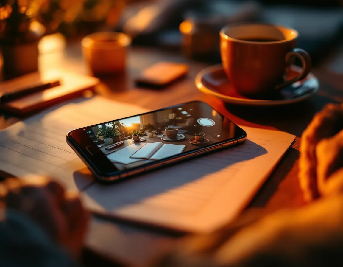 A phone shooting a warmly lit content flatlay on a studio desk